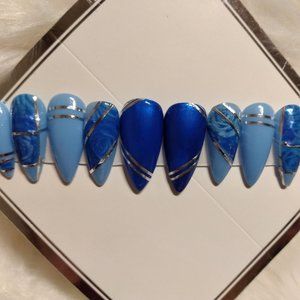 COPY - Blue rose and silver linework press on nails